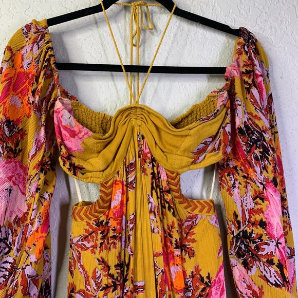 FREE PEOPLE Jumpsuit XS‎ Falling Flowers Off Shoulder Wide Leg Boho Flowy Sleeve - Picture 7 of 15
